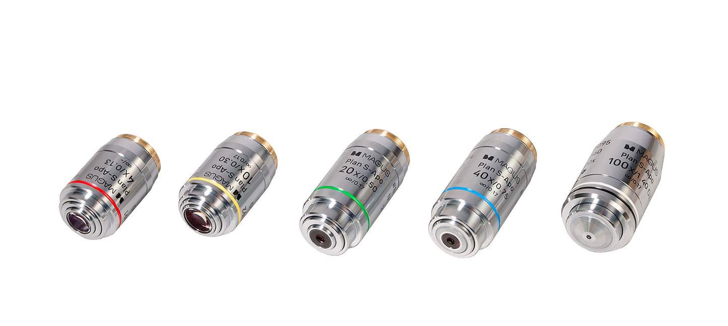 Conjunto de objectivas MAGUS FL S-APO60 PlanF S-Apo 4x/10x/20x/40x/100x óleo ∞/0,17 H60 mm