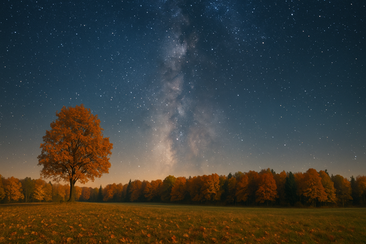 Paidaje otoñal con cielo estrellado. Calendario astronómico octubre 2025