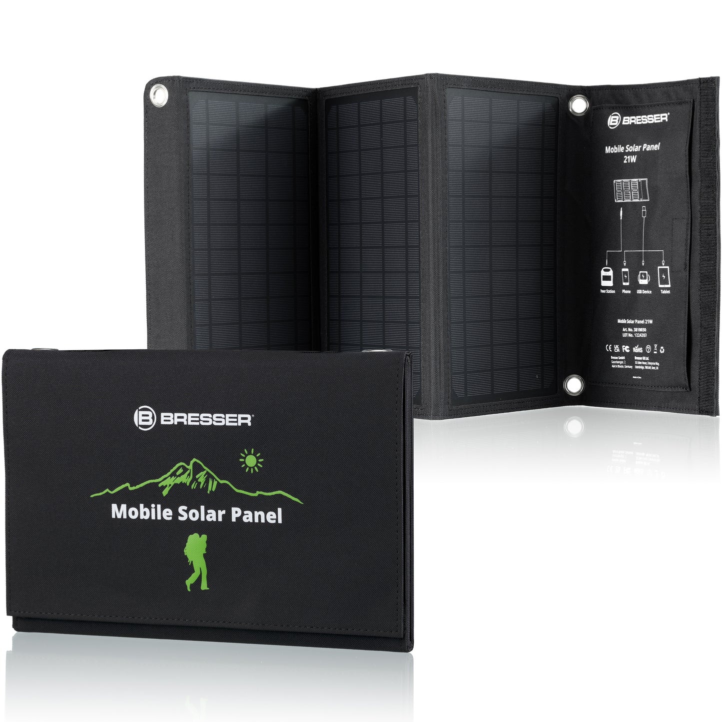 Cargador solar móvil BRESSER de 21 vatios con salida USB y DC